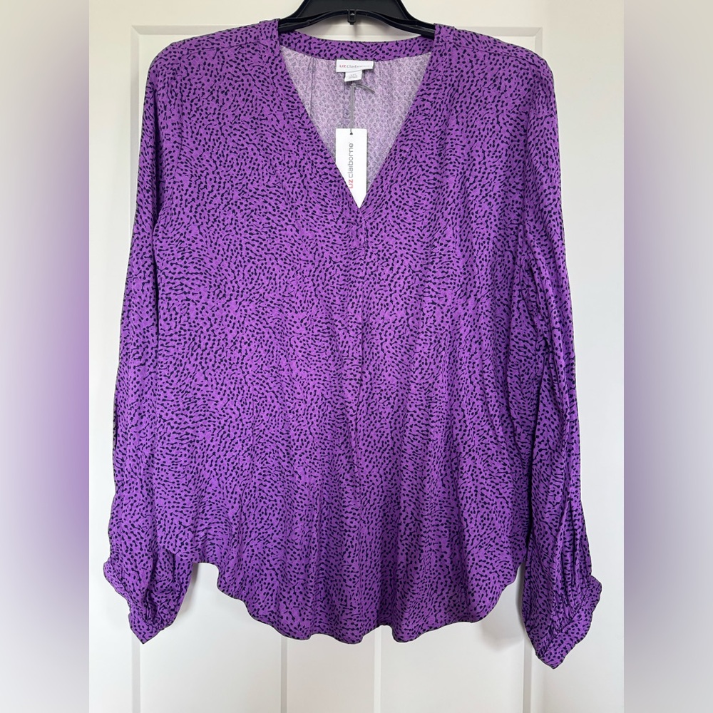Liz Claiborne XXL Blouse Purple Blouson Long Sleeves Vneck 16